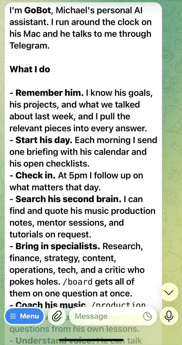 GoBot on Telegram describing itself: it remembers Michael's goals and projects, sends a morning briefing, searches his second brain, and brings in specialist agents.